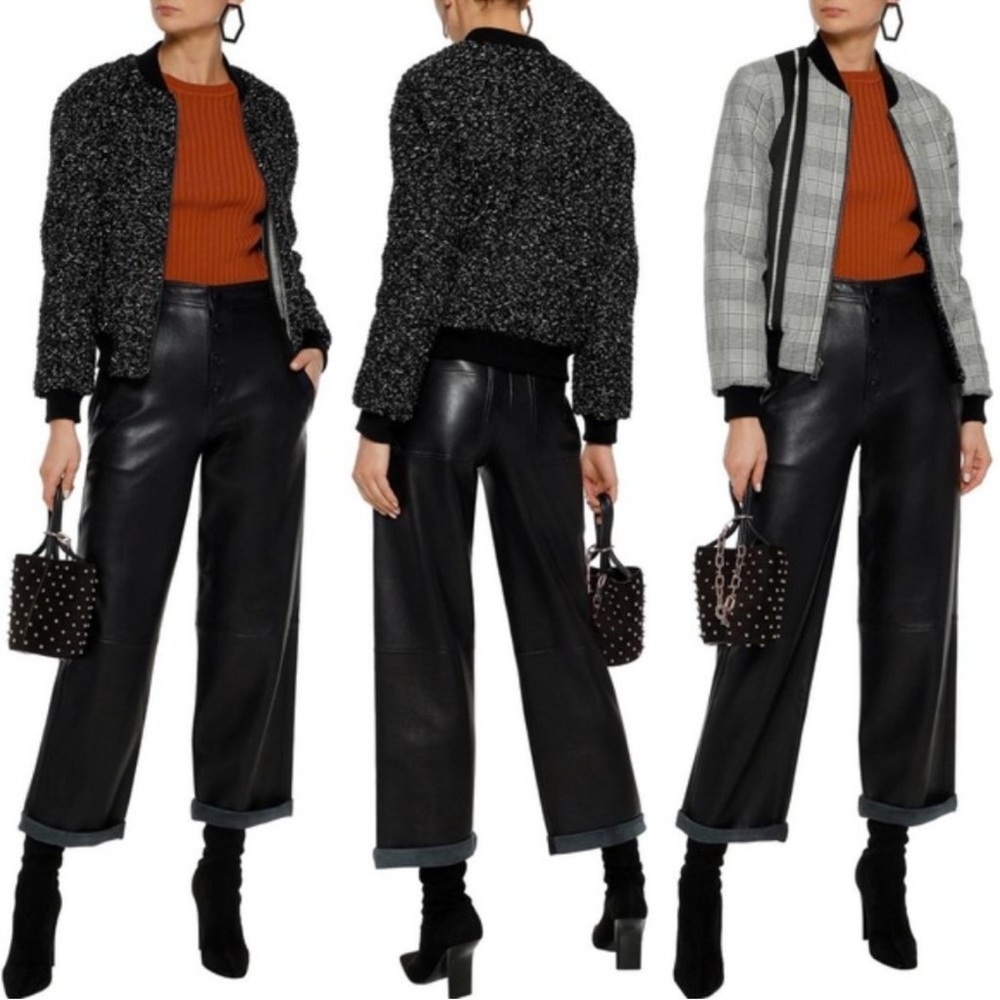ALICE + OLIVIA Black Lonnie Reversible Tweed Plaid Bomber Jacket Small NWT